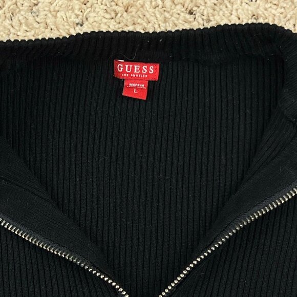 Guess Sweater Women Large Black Red Pullover 1/4 Zip Casual Knit Ladies w Logos - Picture 4 of 8